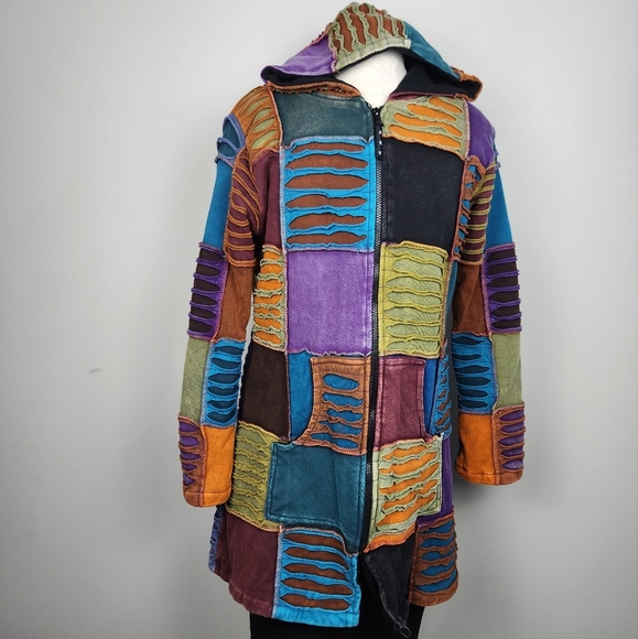 Ark Import Artsy Boho Faded Patchwork Hooded Fleece Lined Jacket Size M Hippi - Picture 3 of 16